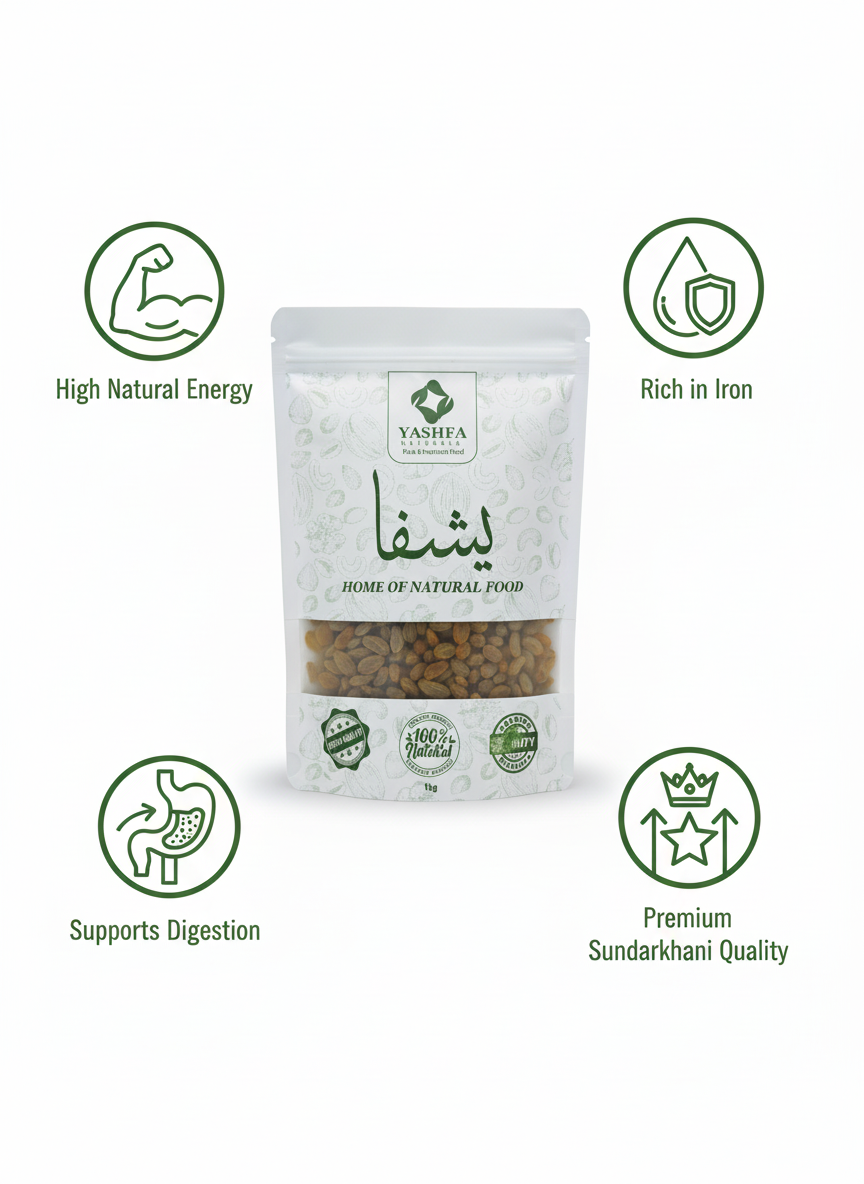 Benefits infographic with Sundarkhani Raisins pouch