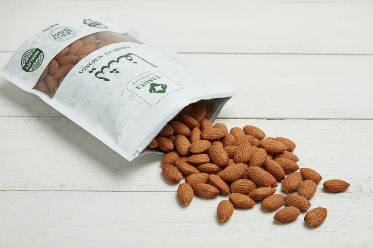 Yashfa Naturals American Almonds on white wood