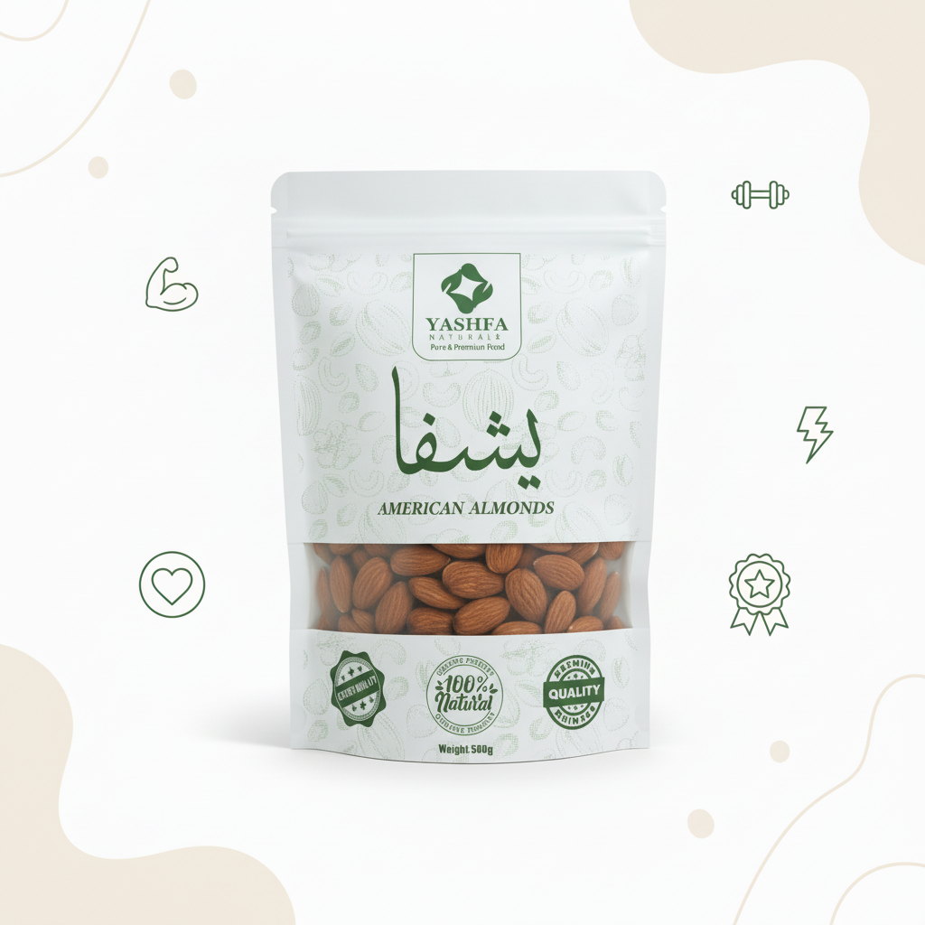 Yashfa Naturals American Almonds with benefit icons
