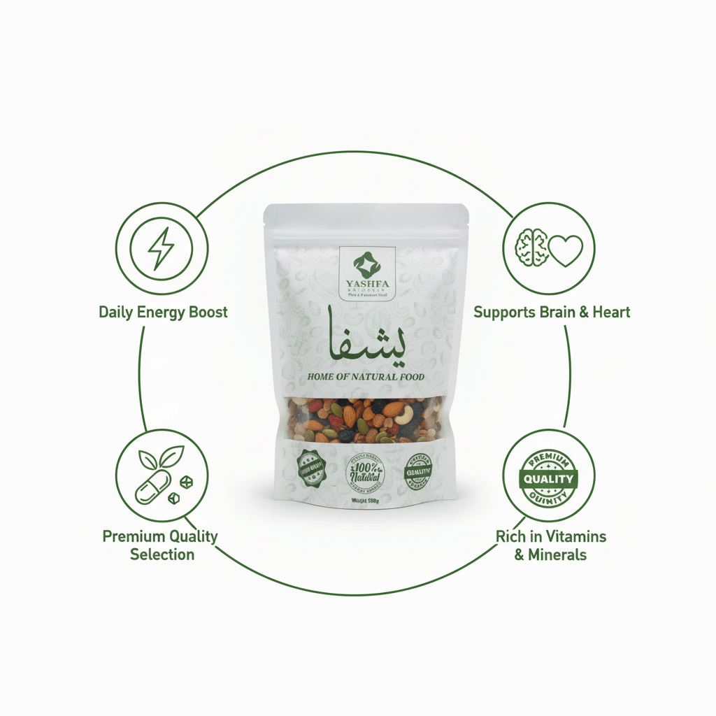 Yashfa Naturals Mixed Dry Fruits Benefits Infographic with Line Icons