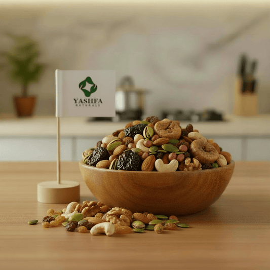 Yashfa Naturals Premium Mixed Dry Fruits Hero Shot with Enhanced Logo