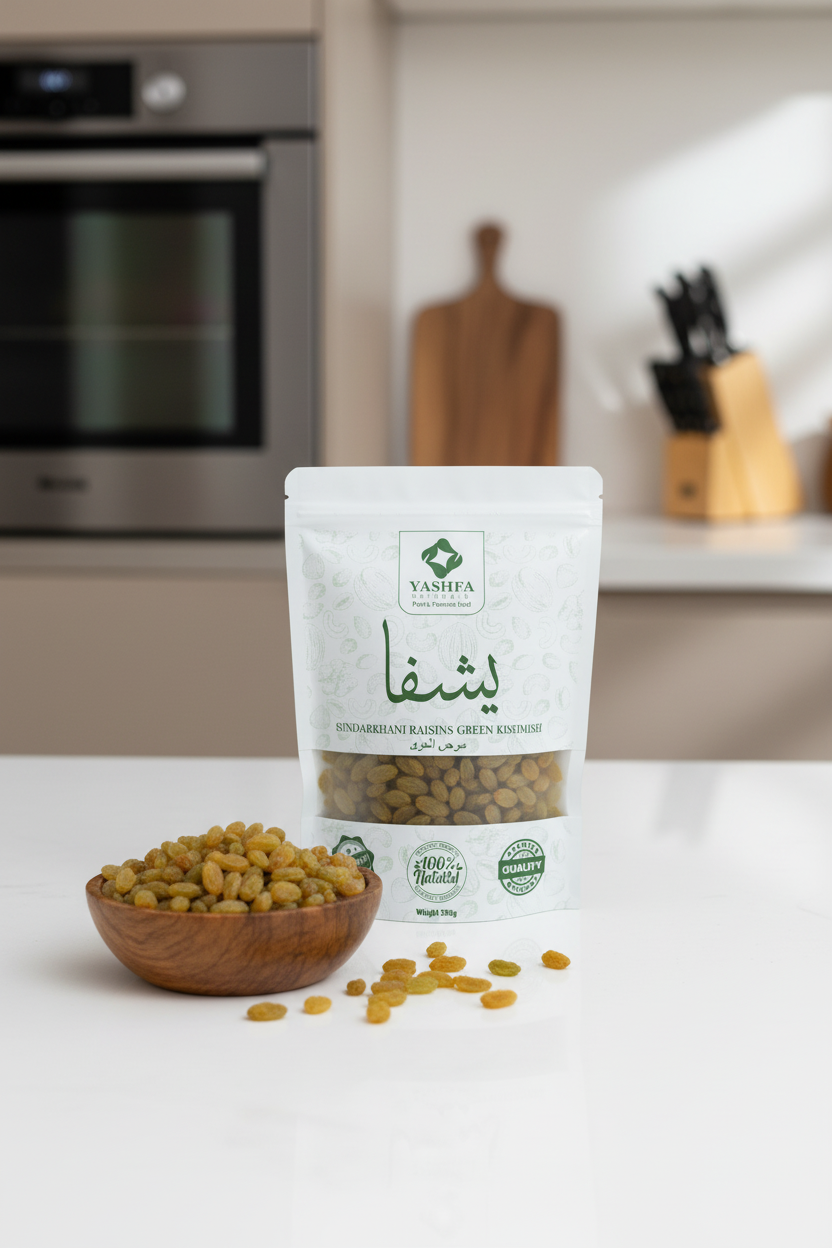 Yashfa Naturals Sundarkhani Raisins Kitchen Lifestyle with Wooden Bowl