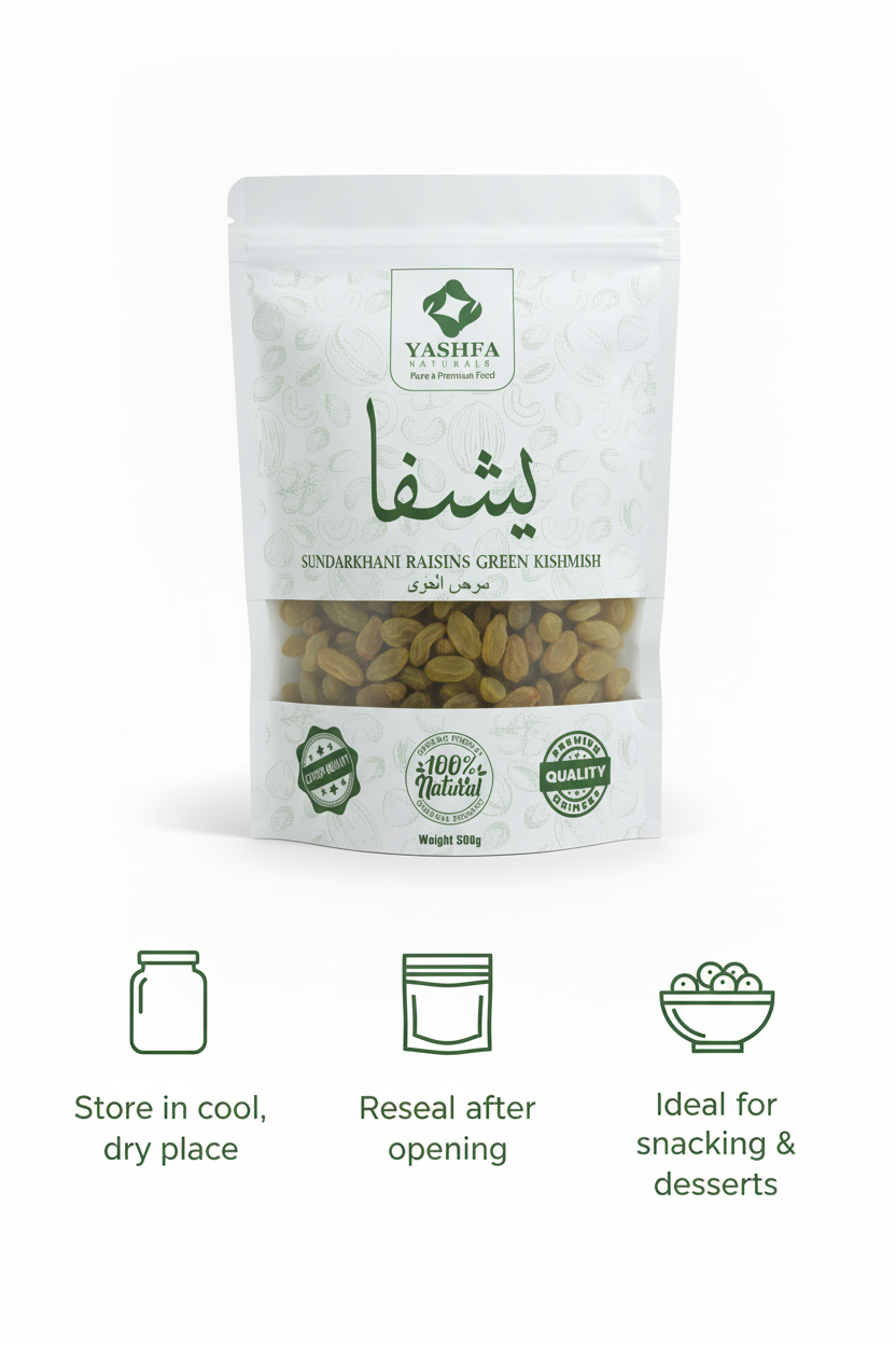 Yashfa Naturals Sundarkhani Raisins Storage and Usage Infographic